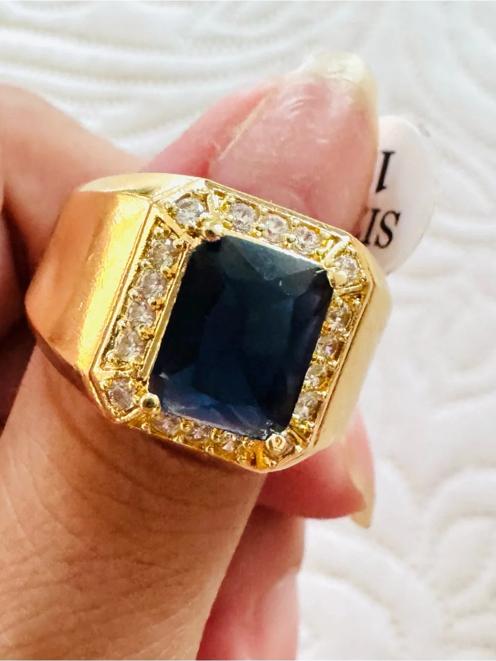 18K Gold Plated Men's Cocktail Ring with Deep Blue Center Stone.